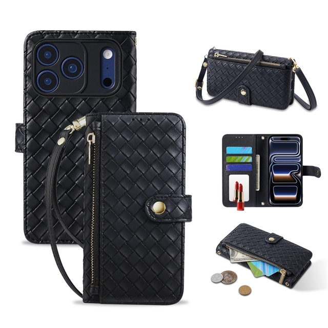 Flip Zipper Wallet Phone Case With Make up Mirror Wrist and Crossbody Strap Phone Case for iPhone 17 17 Pro 17 Pro Max