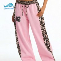 Set atasan dan bawahan wanita bergaya Y2K, motif leopard, lengan raglan, crop top, celana lebar, pakaian santai musim panas, dengan logo custom.