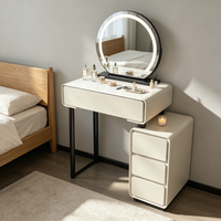 Coiffeuse de chambre style crème français pour petits espaces, moderne et minimaliste, avec plateau en verre, armoire et commode tout-en-un