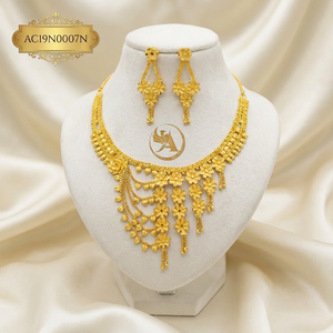 24K Gold Plated Floral Tassel Necklace Set for Women | African <b>Bridal</b> Jewelry | Dubai Style Wedding Necklace with Earrings - Product Image 1