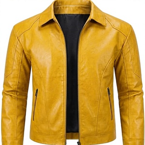 Blouson moto homme en cuir PU coupe ajustée, col rabattable, fermeture éclair, jaune uni, longueur standard, pour l'automne - Product Image 1