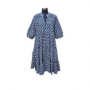 Bloque de mano impreso elegante algodón Himanshi vestido para mujer India hecho a mano hermoso cómodo verano desgaste Midi vestido - Product Image 1