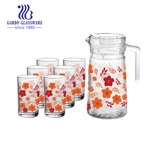 Promotion Colorful 7pcs Glass Drinking Jug Set Cheap Cup and Pitcher Set with Flower Decal for Festival Events