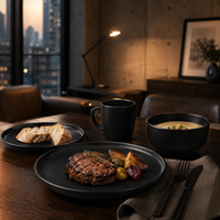 Service de vaisselle en grès noir mat durable, assiettes, bols et tasses à café en céramique, compatibles lave-vaisselle et four