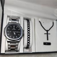 Reloj de Cuarzo Empresarial de Acero Inoxidable Plateado de Lujo Poedagar 613 con Collar, Anillo y Pulsera, Juego de 4 Piezas para Regalos del Día del Padre