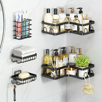 Étagère d'angle triangulaire pour salle de bain, 2 niveaux, revêtement poudré, rangement pour articles de toilette, en fer forgé, sans perçage