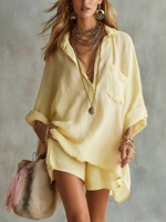 Ensemble short et t-shirt décontracté en coton et lin boutonné, couleur unie, nouvelle collection été pour femme