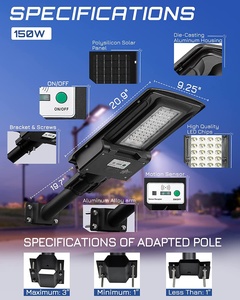 Lámpara Solar para Calle de 150W con Control Remoto, Sensor de Movimiento PIR, Luz LED para Estacionamiento, Encendido al Anochecer, Apagado al Amanecer, Impermeable, con Poste - Product Image 5