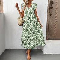 Robe sans manches à imprimé géométrique et volants, style vintage, disponible en vert et bleu, vente en gros avec faible MOQ