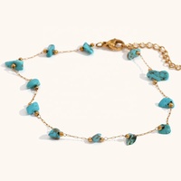 Cadeau d'été : Bracelets de cheville réglables en acier inoxydable plaqué or 18 carats avec pierres naturelles (turquoise, améthyste) et perles, style bohème pour femme