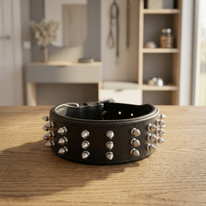 Collier pour chien en cuir pleine fleur noir, orné de perles, de clous et de pointes coniques larges argentées, style punk, avec rivets métalliques - Product Image 2