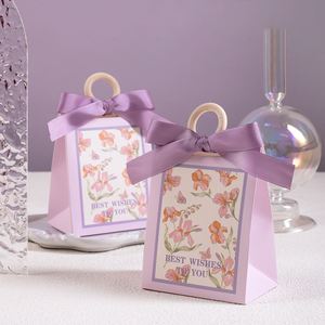 Luxury Square Flower Printed Ribbon Butterfly <b>Wedding</b> Wooden Handle Candy <b>Chocolate</b> Packaging Gift Box - Product Image 4