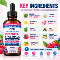 Gouttes multivitaminées liquides végétaliennes Clean Label prénatales et postnatales sans sucre et sans fer, saveur baies, pour femmes, vente en gros OEM en vrac