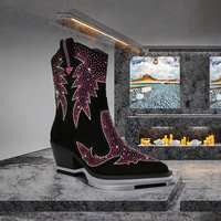 Bottines Western pour femmes à bout pointu, talon carré, fermeture éclair, en cuir de vache, noires avec strass, pour l'automne