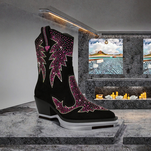 Botas Vaqueras de Mujer con Punta en Pico, Tacón Cuadrado, Cierre de Cremallera, Adornadas con Pedrería Negra, para Otoño - Product Image 3
