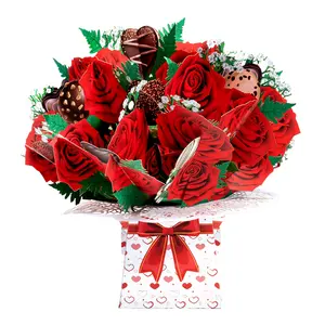 Tốt nhất bán thanh lịch Rose Pop Up bó hoa với chocklote hộp hoa cho bó hoa tinh tế cho đám cưới tái chế 3D thiệp chúc mừng