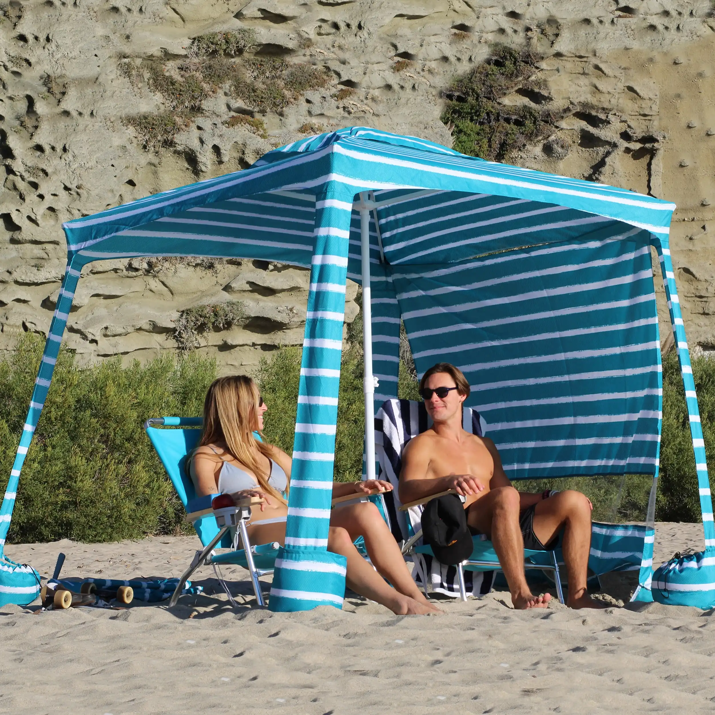 6.2ft * 6.2ft פסים ירוקים חוף האוהל מטריה חופה צל מקלט צלעות פלדה הוסר קיר החוף מגניב cabana עם כיסים חול