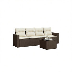 Set Divano da Giardino in Rattan Bianco Crema e Marrone con Tavolino da Caffè per Esterni, 4 Posti, Design Contemporaneo - Product Image 1