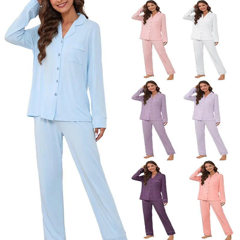 Custom Winter Kleding Zwart Luxe Slaap Kleding Comfortabele Modal Bamboe Katoenen Nachtkleding Pj Pyjama Pyjama Voor Vrouwen Set