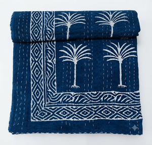 Couvre-lit indien Kantha en coton fait main avec motif palmier, décoration artisanale pour la maison, impression à la main, Kantha 90×108 pouces - Product Image 5