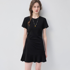 Vestido Corto Negro <span class=keywords><strong>de</strong></span> Punto VEGA CHANG con Cuello Redondo, Cintura Fruncida con Lazo y Dobladillo con Volantes <span class=keywords><strong>para</strong></span> <span class=keywords><strong>Mujer</strong></span> - Product Image 1