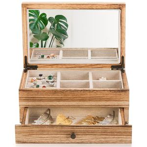 Wood Jewelry <b>Box</b> Double Layer Storage With <b>Mirror</b> And Drawer For Rings Earrings Necklaces Rectangle Lightly Calcined Wood - Product Image 3