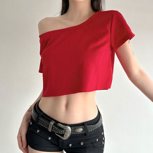 Top Corto Asimétrico Estilo Urbano para Mujer, Color Sólido, Hombros Descubiertos, Manga Corta, Sexy, Estilo Hip Hop - Product Image 4