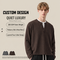 T-shirt Henley Homme Manches Longues Effet Superposé 280G Polyester Riche Couleur Unie Épaules Tombantes Coupe Ample Automne Deux Couleurs