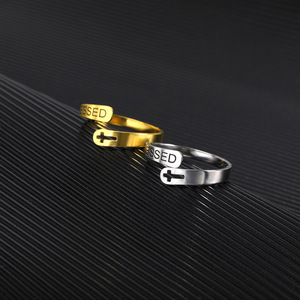 Nhẫn cưới thép không gỉ có thể điều chỉnh kiểu dáng cổ điển, thiết kế mở hình chữ thập, khắc chữ FAITH BLESSED HOPE LOVE - Product Image 3