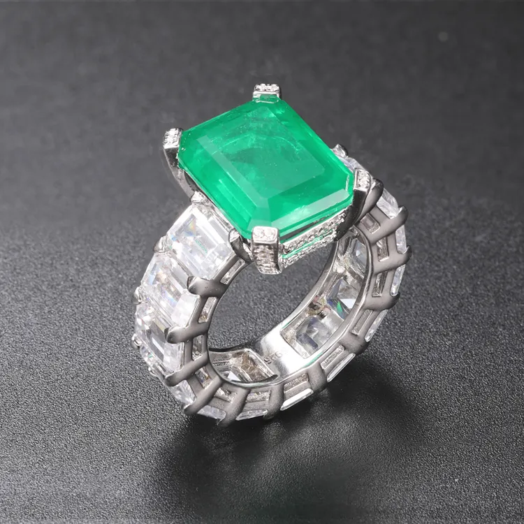 Bijoux en argent sterling 925, bague en zircon cubique glacé, bague en pierre d'émeraude verte