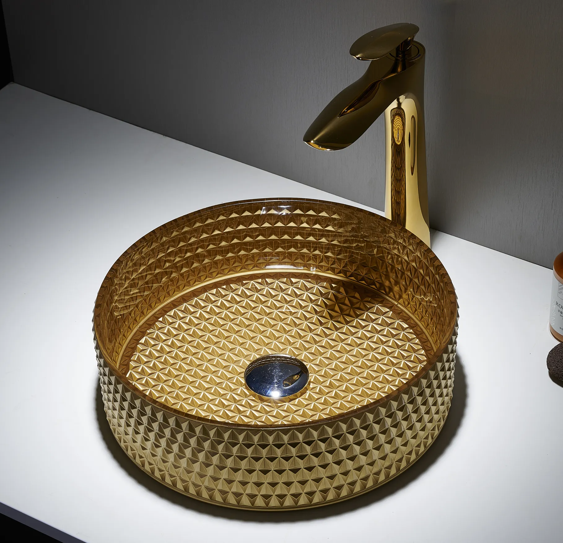Diamond Round Art Bowl Basins Decor Glass bathroom Glass Counter Top Face Washbasin Clear Gold Bathroom Sink