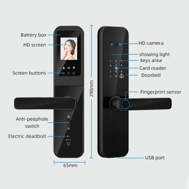 Enrique Tuya Wifi ระฆังประตู Tuya Wifi รหัสผ่านลายนิ้วมือไบโอเมตริกซ์ IC การ์ดสมาร์ทดิจิตอลล็อคแบบไร้กุญแจพร้อมกล้อง