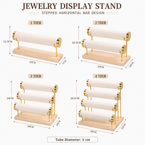Expositor de Joyería de Dos Niveles con Rollo de Terciopelo Negro y Marco de Metal Dorado sobre Base de Madera para Pulseras y Collares - Product Image 4