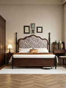 Traditional Upholstered Wooden Bed Frame Queen Size Mahogany Fabric Soft Bed with Patterned Headboard - Product Image 1