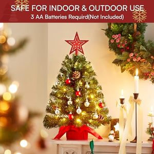 Petit sapin de Noël de table avec 30 lumières, boules étoiles, baies rouges, cônes de pin, mini sapin artificiel décoré pour Noël - Product Image 6