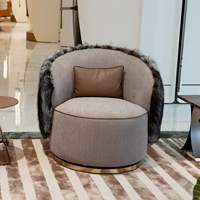 Fauteuil pivotant de luxe avec accent en fourrure et coussin, fauteuil moderne en tissu de lin pour salon et chambre à coucher