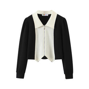 Veste tricotée de style français grande taille avec col à revers et fermeture éclair, coupe ajustée pour femme, noir et vert N8275 - Product Image 2