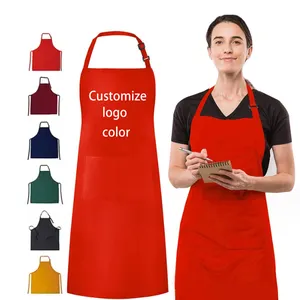 Celemek dapur koki Bib taman Pria Wanita memasak makanan hitam warna murni poliester katun desain Logo cetak kustom dapat disesuaikan