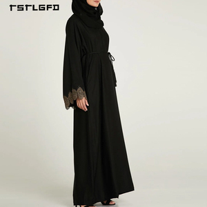 Women Black Chiffon Abaya Rhinestone Gold Floral Lace Applique Flared <b>Bell</b> Sleeve Self-Tie Waist Modest Luxury Evening Dress - Product Image 4