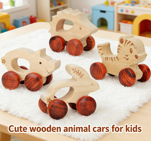 Venta al por mayor de coches de madera con forma de animales, juguetes de madera orgánica de empuje y arrastre, artesanías educativas de madera, coches de juguete de madera con forma de animales para bebés. - Product Image 4