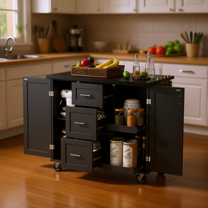 Îlot de cuisine roulant à 3 tiroirs, dessus en bois de caoutchouc, rangement interne, étagère à épices, roulettes, design moderne - Product Image 2