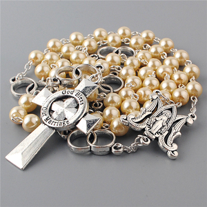 ลูกประคำแต่งงานกับไม้กางเขนโลหะสีเงิน8มม. ลูกประคำมุกแก้วพร้อมแหวนสามัคคีลูกปัดพ่อของเราพระเจ้าอวยพรการแต่งงานของเรา - Product Image 5