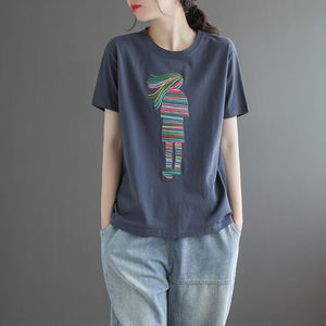 Women's Loose Round Neck Short Sleeve T-Shirt Gray Girl Colorful Embroidery Summer Fashion Casual Wear - Product Image 1