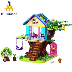 BuildMoc 새로운 동물 나무 집 빌딩 블록 세트 열 수있는 숲 슬라이드 헛 자연 공원 벽돌 장난감 어린이 생일 선물