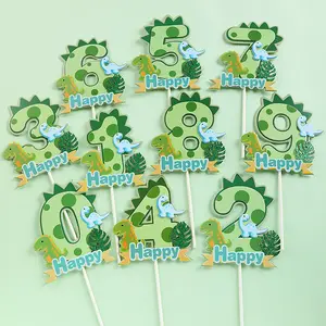 Dinosaur Palm Leaves Cake Toppers Happy Birthday Jungle Safari Party Decor Green Number 1 2 3 4 5 Year Old Kids Party Cake Decor