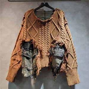 Pull d'hiver pour femme Viviblook Z1226TP01, tricot, poches en denim, patchwork, col rond, manches longues, pull vintage - Product Image 3