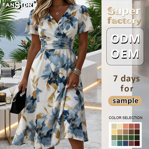Nuevo Vestido Midi Floral Vintage 3D 2026 - Elegante Vestido de Manga Corta <span class=keywords><strong>con</strong></span> Cuello en V, <span class=keywords><strong>Falda</strong></span> Amplia y Estilizadora para Venta al por Mayor de Moda - Product Image 2