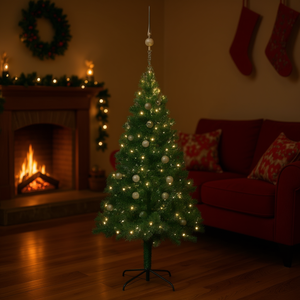Albero di Natale Artificiale in PVC Verde 180 cm Pre-Illuminato con Set di Palline Luci LED Calde Base da Interno Leggero e Facile da Montare - Product Image 2