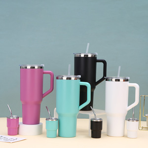 Nouvel ensemble de 5 gobelets isothermes 40 oz, couleur unie, intérieur acier, extérieur plastique, portable, avec poignée et paille - Product Image 4