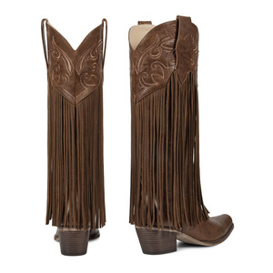 WETKISS Bottes de cowgirl occidentales pour femmes, à bout pointu, à franges longues, hauteur genou, avec fermeture éclair latérale et talon épais rétro, vente en gros - Product Image 3